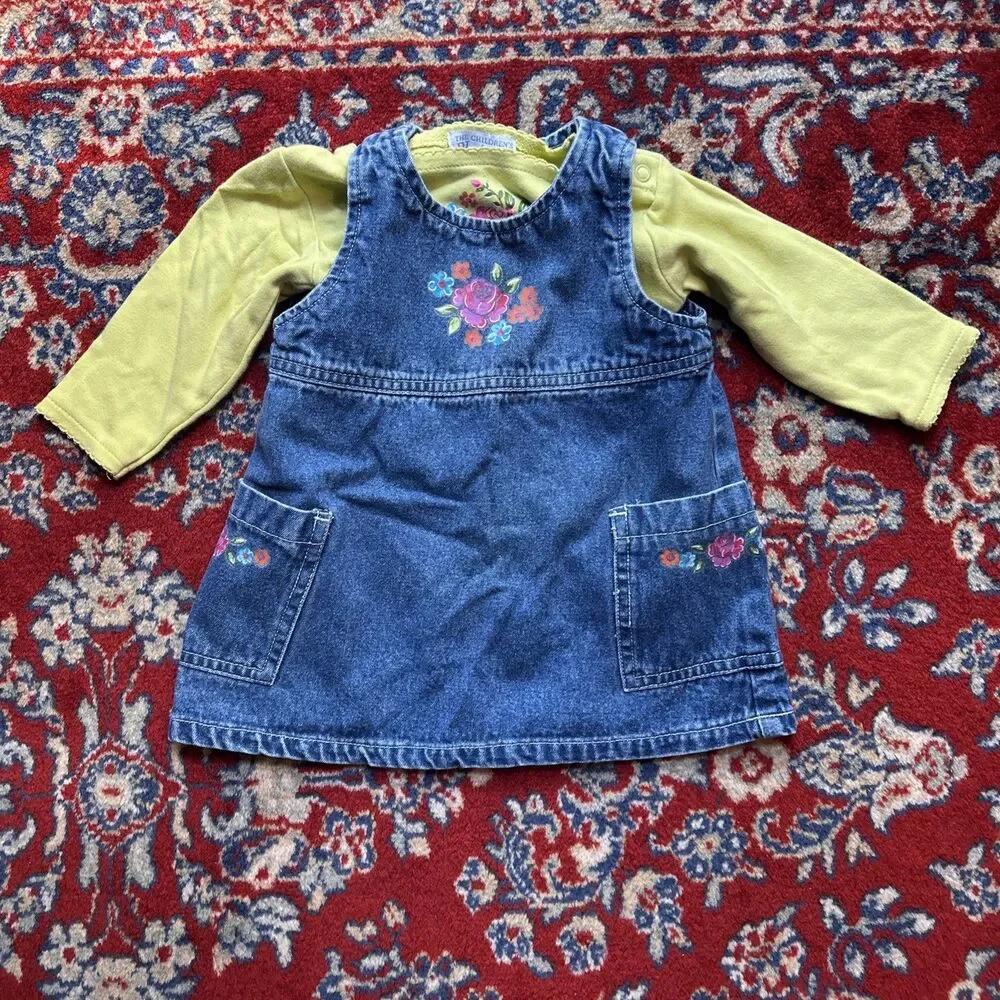Vintage 90s Y2K Childrens Place Denim Baby Girl Dress Set 6-9 Months Flowers